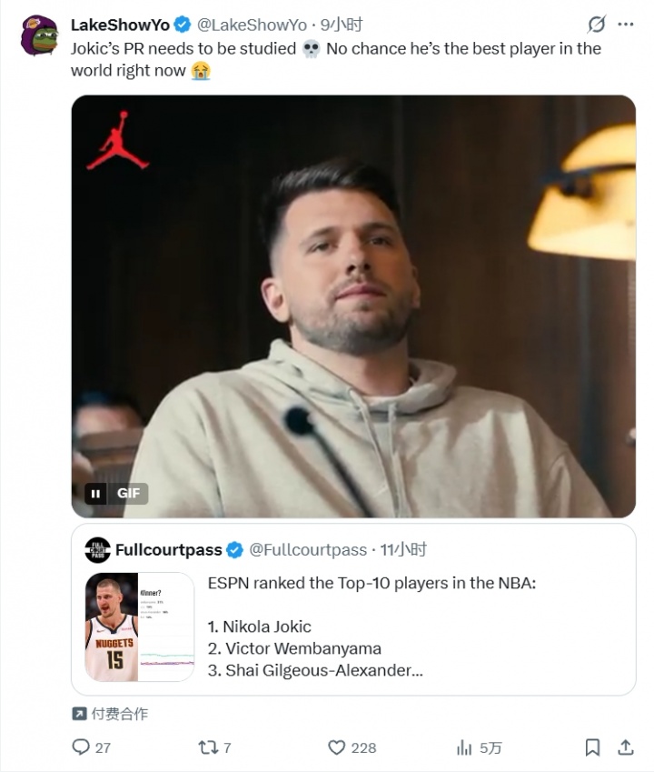约基奇排ESPN第1！湖人博主：约子公关团队不得了 他不是世界最佳